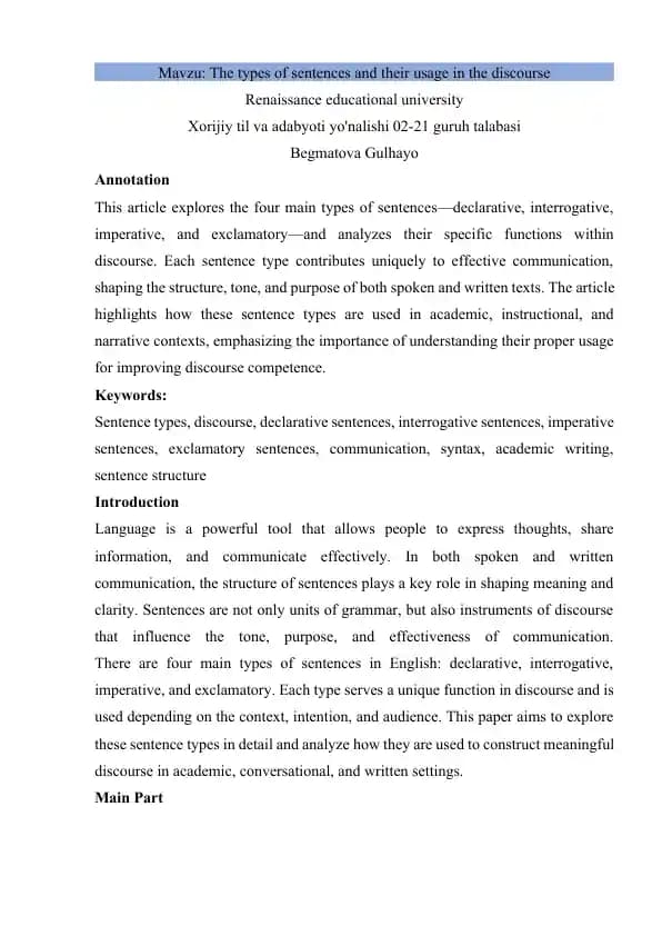 Sentence types and their usage in discourse