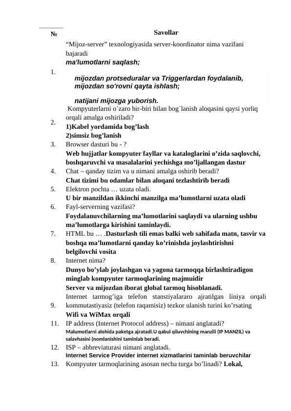 Komputer test savollari va javoblari