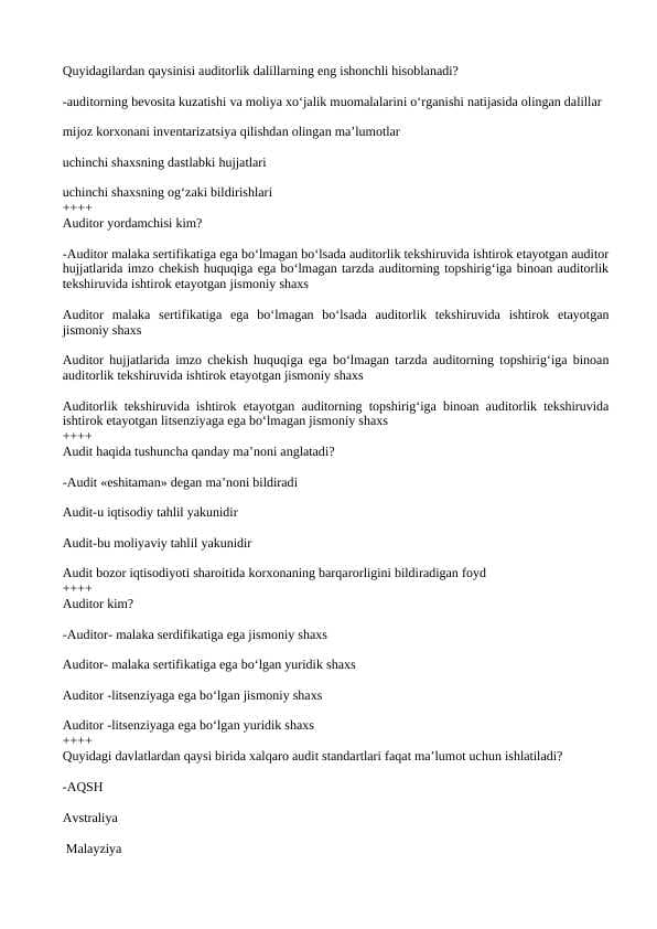 audit fanidan test, 200 talik javoblari bilan