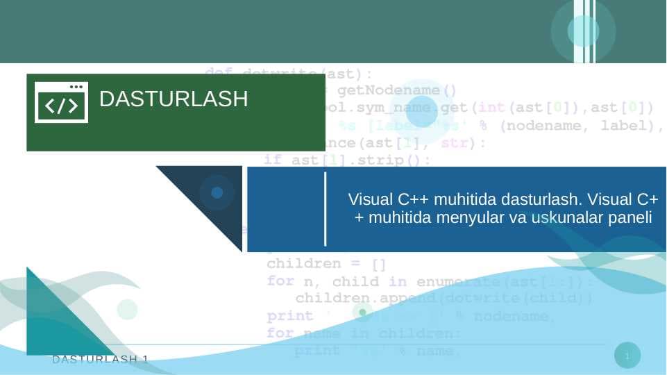 Visual C++ muhitida dasturlash. Visual C++ muhitida mеnyular va uskunalar panеli