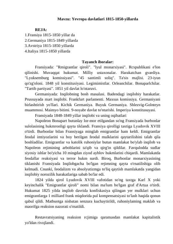 Yevropa davlatlari 1815-1850 yillarda