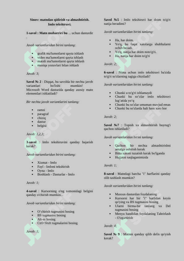Informatika fanidan testlar