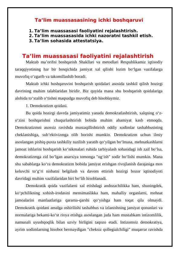 Ta’lim muassasasining ichki boshqaruvi