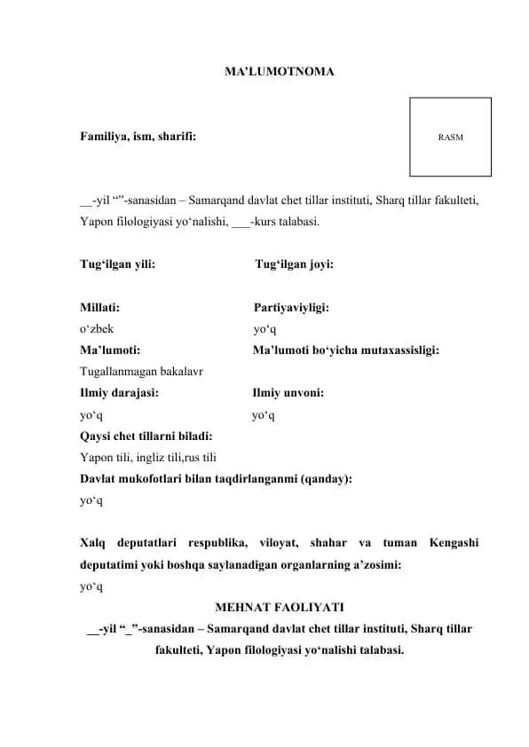 obyektivka  namuna  |  obyektivka namunalari  | Ishga kirishda kerak bo‘ladigan obyektivka shakli           Ma’lumotnoma (obyektivka) to‘liq namuna – oson to‘ldiriladigan format”