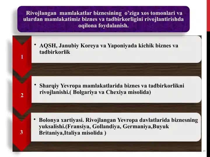 Rivojlangan mamlakatlar biznesining o’ziga xos tomonlari va ulardan mamlakatimiz biz