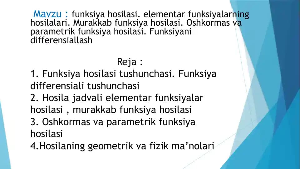 Funksiya hosilasi elementar funksiyalar