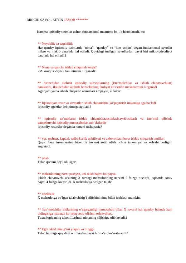 Mikroiqtisodiyot fanidan test savollari va javoblari.