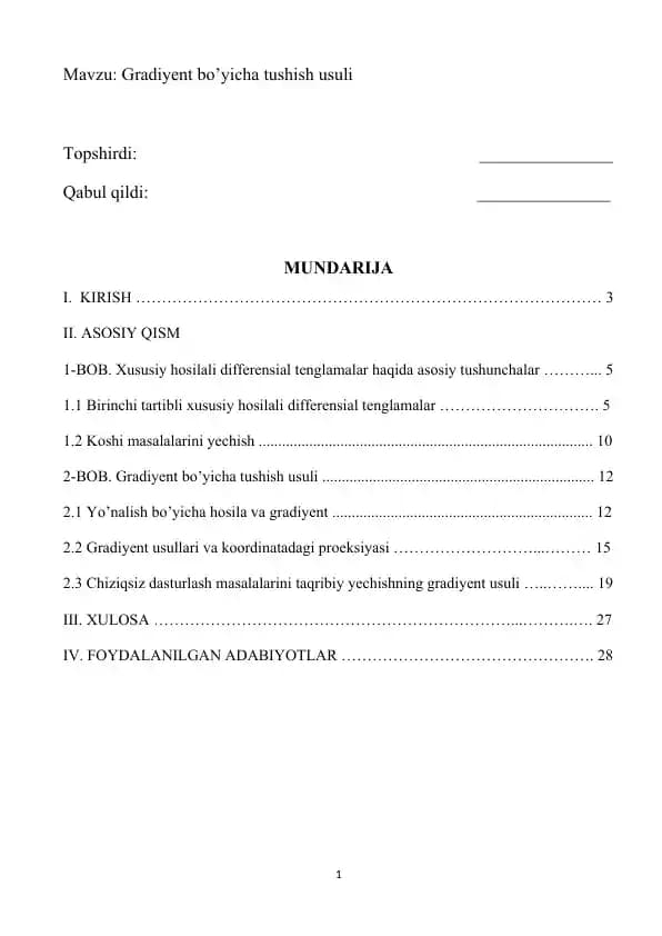 Gradiyent bo’yicha tushish usuli