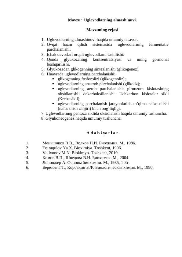 Uglevodlarning almashinuvi.