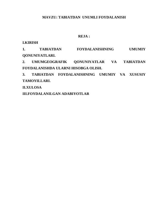 TABIATDAN  UNUMLI FOYDALANISH