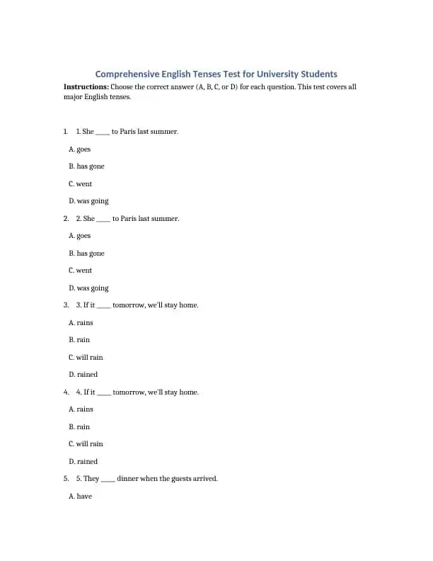 English Tenses Test Pack — 100 B2 Questions