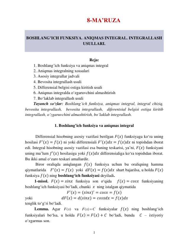 BOSHLANG’ICH FUNKSIYA. ANIQMAS INTEGRAL. INTEGRALLASH  USULLARI.