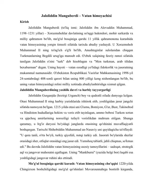 Jaloliddin Manguberdi – Vatan himoyachisi tezis