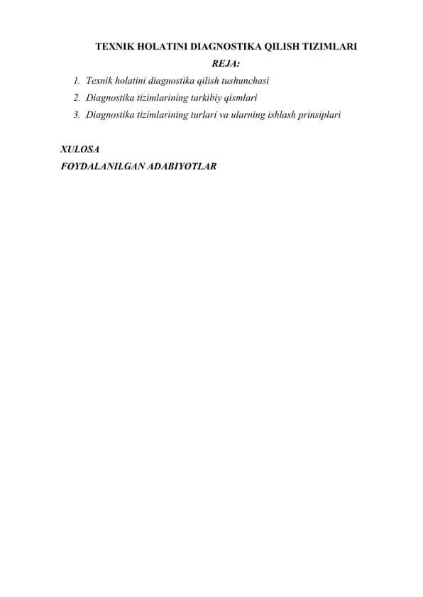 TEXNIK HOLATINI DIAGNOSTIKA QILISH TIZIMLARI