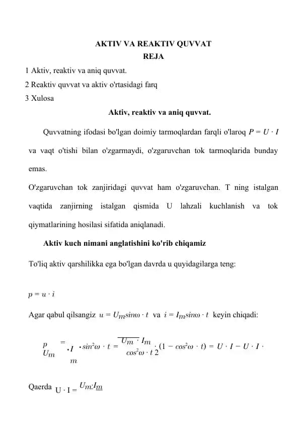 Aktiv va reaktiv quvvat.