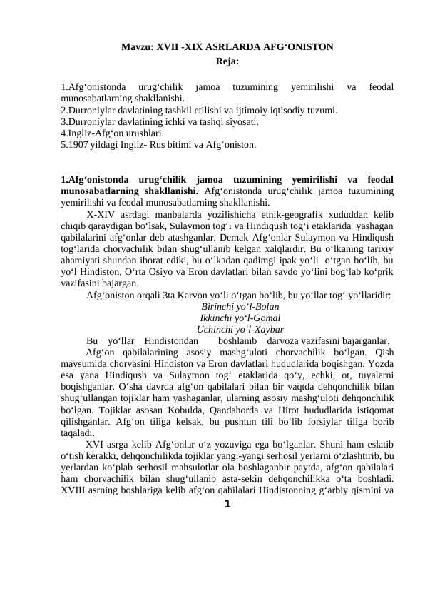 XVII -XIX ASRLARDA AFG‘ONISTON