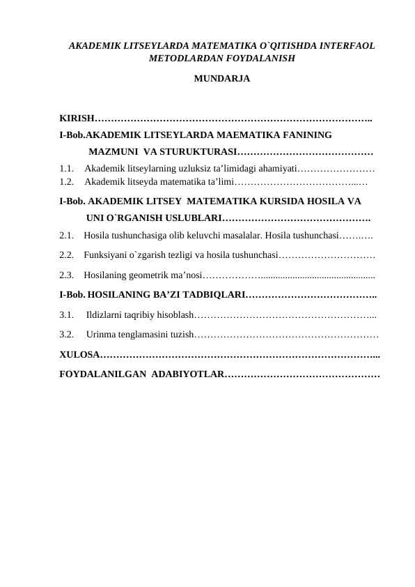 AKADEMIK LITSEYLARDA MATEMATIKA O`QITISHDA INTERFAOL METODLARDAN FOYDALANISH