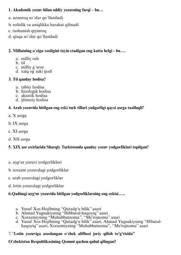 Ona tili. Testlar.