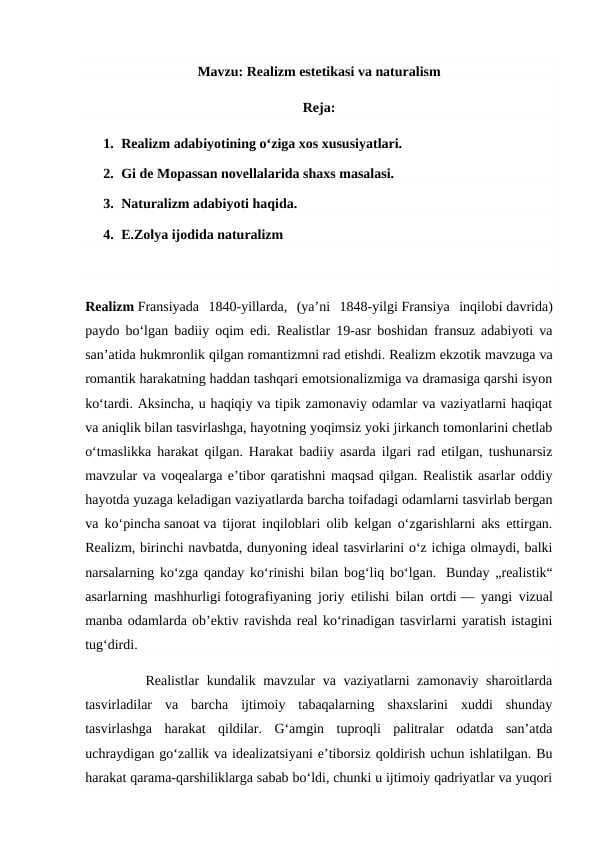 Realizm estetikasi va naturalism