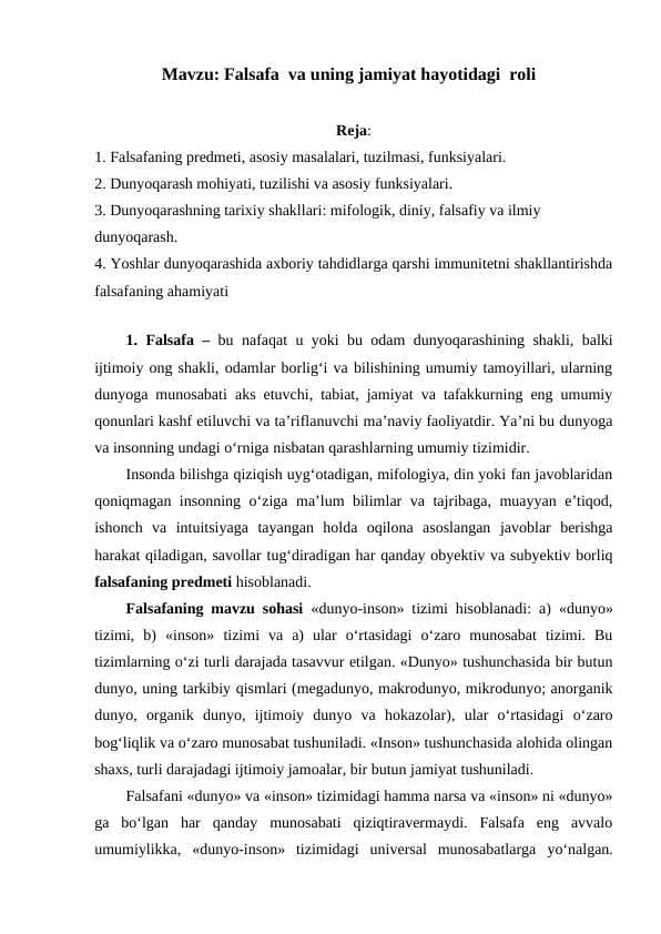 Falsafa  va uning jamiyat hayotidagi  roli