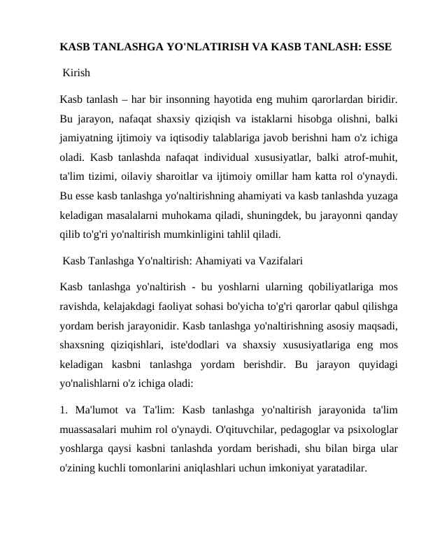 kasb tanlash esse