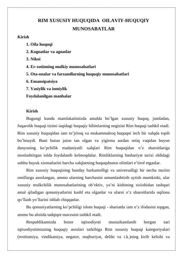 RIM XUSUSIY HUQUQIDA  OILAVIY-HuquqIY MUNOSABATLAR