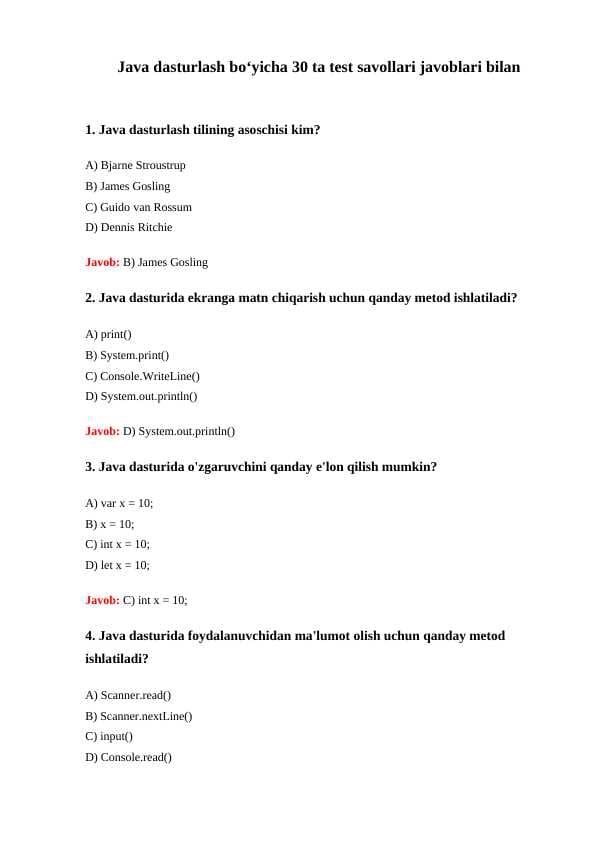 Java dasturlash boʻyicha 30 ta test savollari javoblari bilan