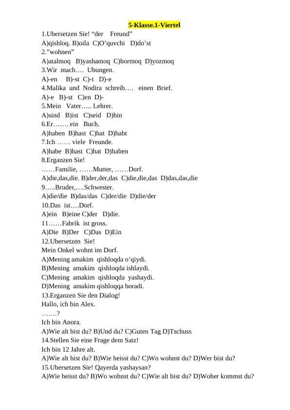 Nemis tilidan test 5-sinf. 60 talik
