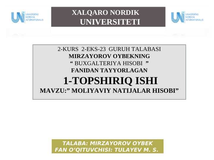 :” MOLIYAVIY NATIJALAR HISOBI
