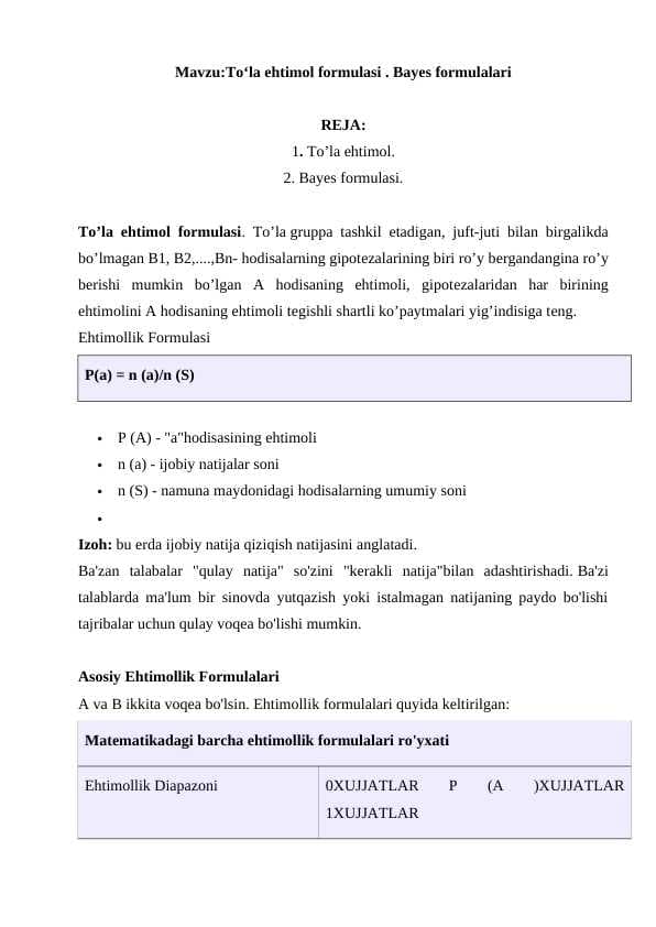 To‘la ehtimol formulasi . Bayes formulalar