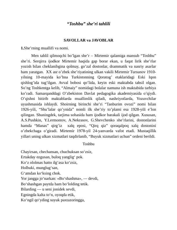 “Toshbu” she’ri tahlili - Mirtemir