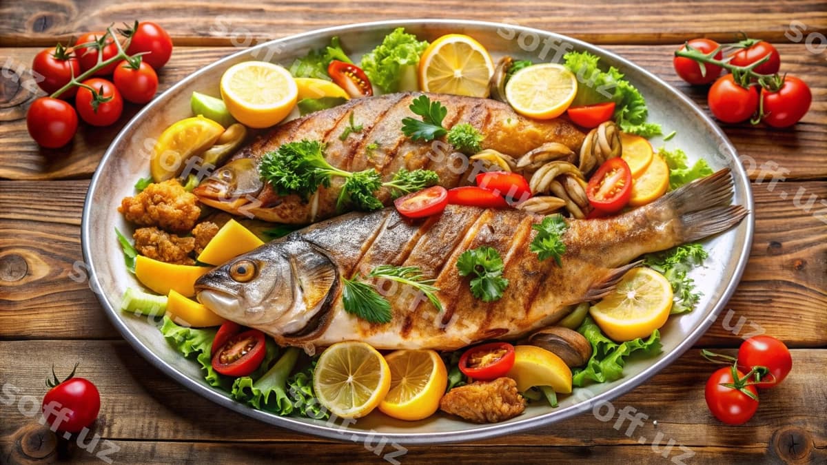 Baliq xizmat ettiriladi limonlar va sabzavotlar bilan | Fish is served with lemons vegetables