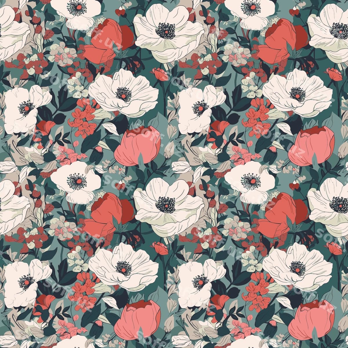 Gulli naqsh qizil-oq gul bilan | Floral pattern with red white flower
