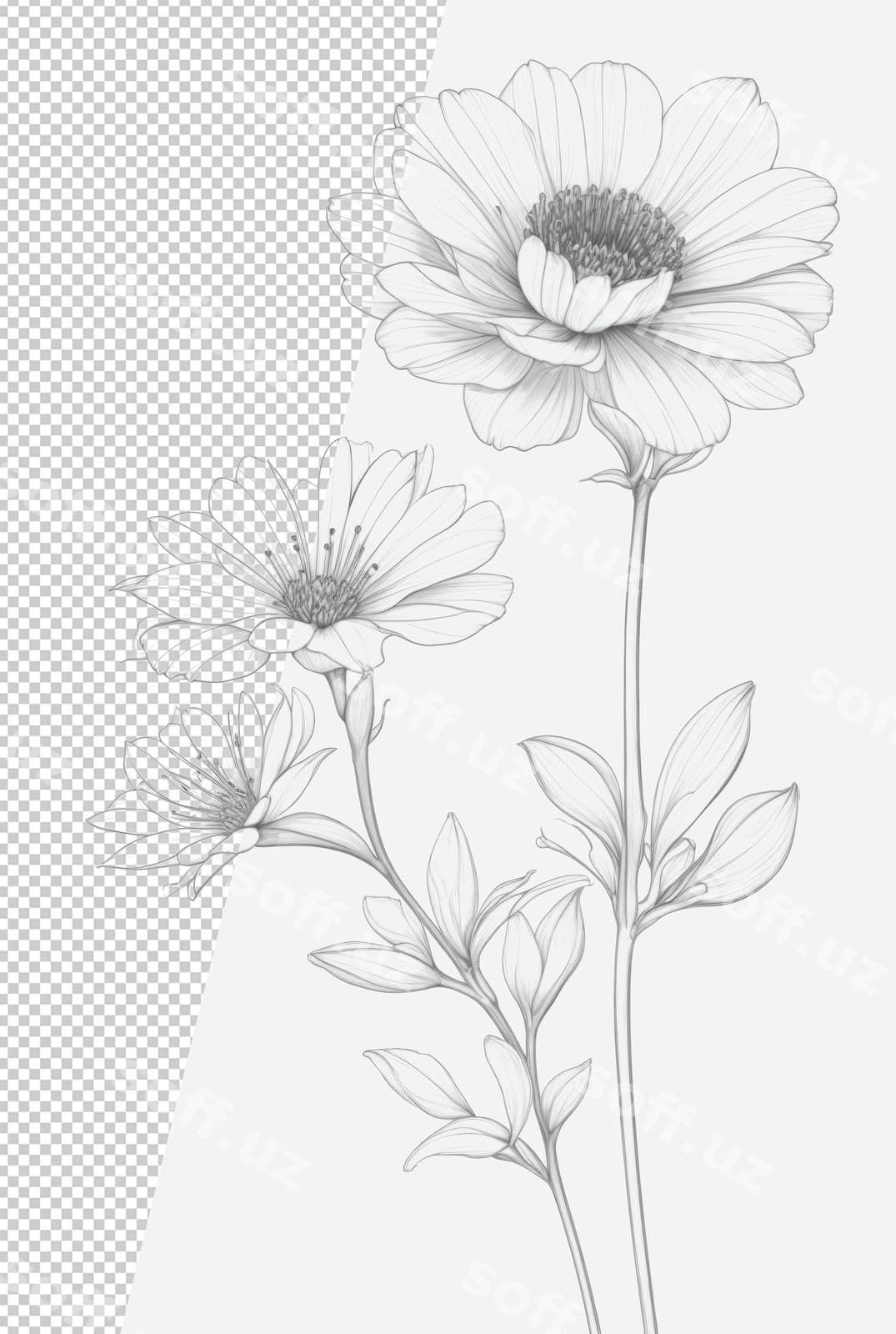 Gul chiziqlari san'ati qora qalam | Flower line art black pencil
