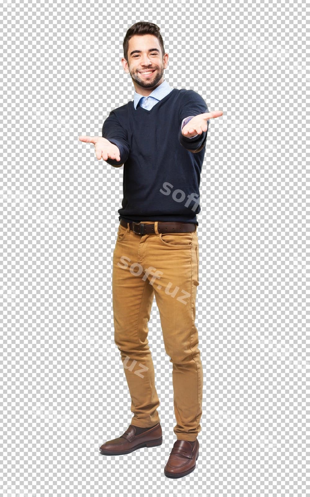 To'liq janb so'nggi erkak xush kelibsiz gesturasi amalga bajarayotgan. | Full body cool man doing welcome gesture