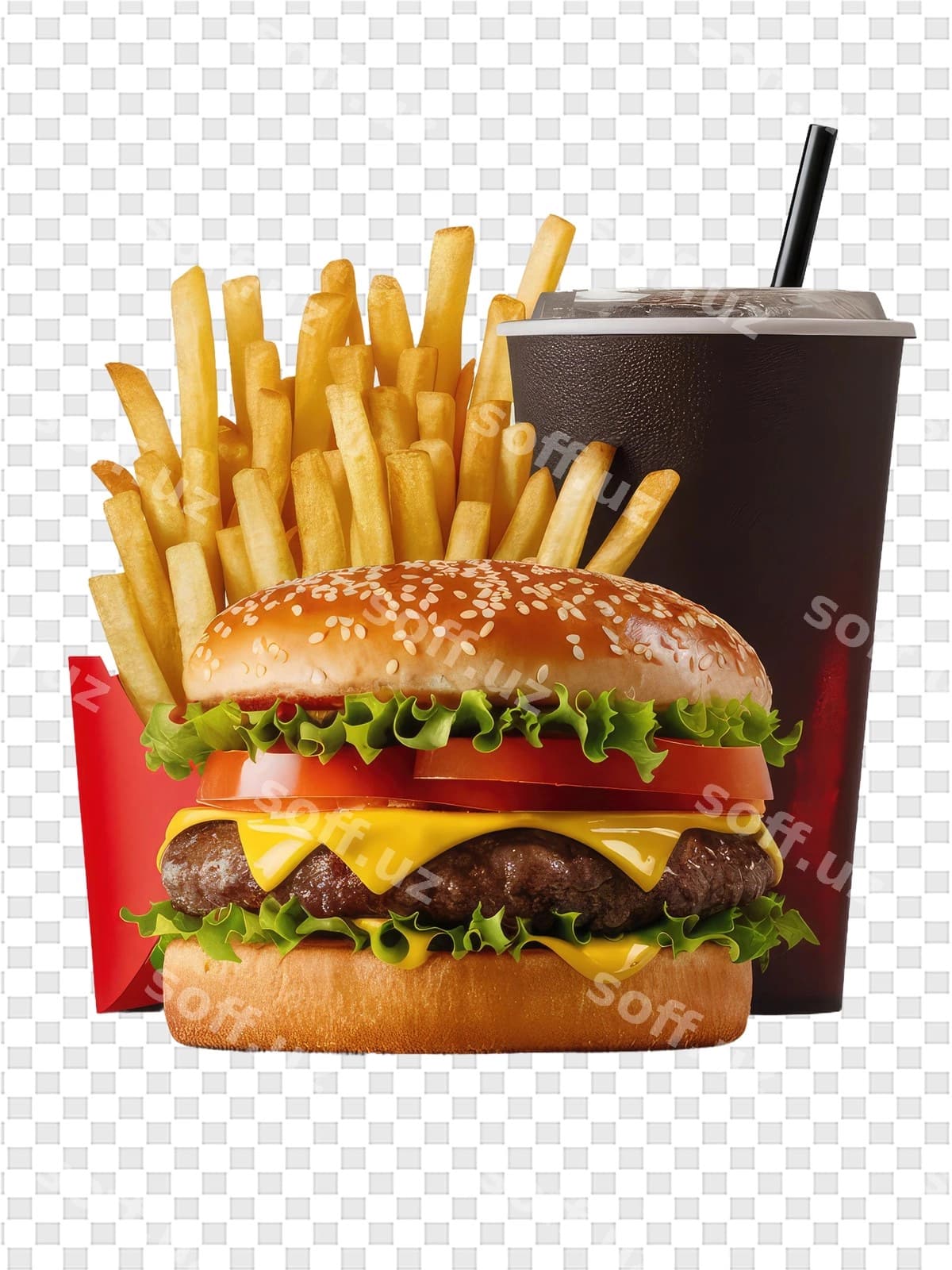 Gamburger bilan kartoshka fri va ichimlik | Hamburger with french fries drink