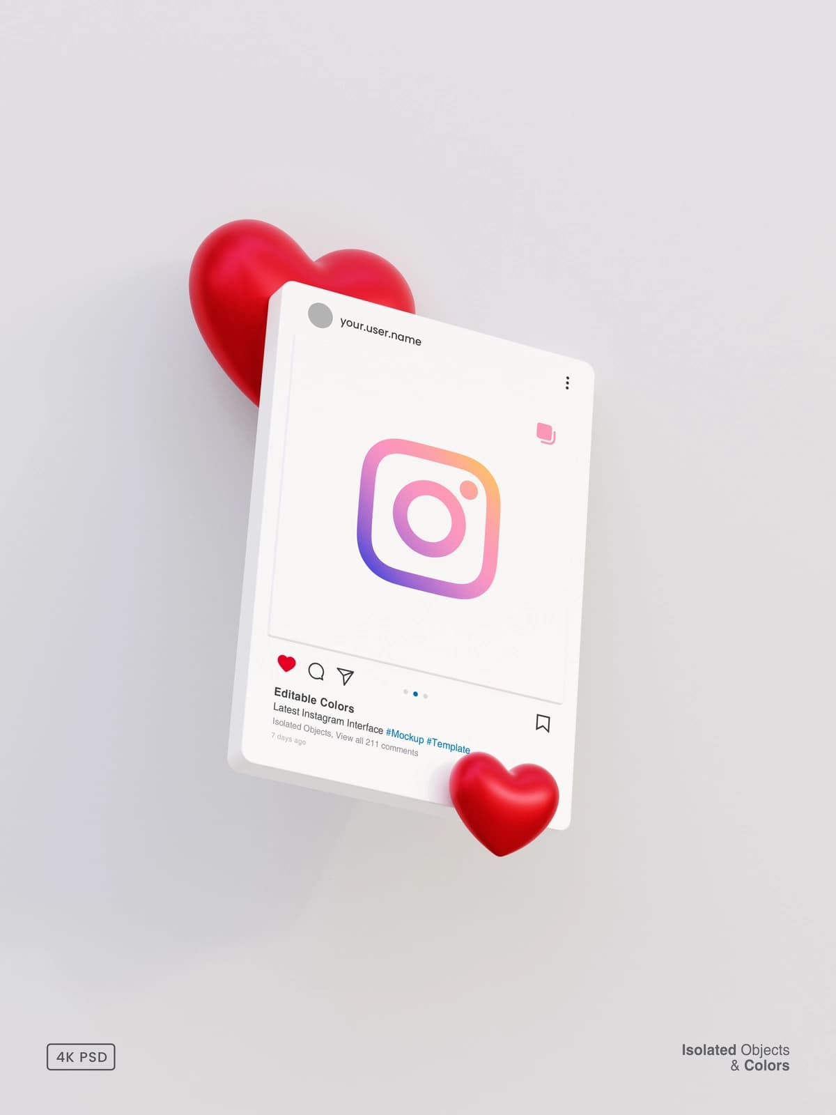 Interfeys shabloniga ega 3D instagram post maketi 3D yurak izolyatsiya qilingan | 3d instagram post mockup with interface template 3d heart isolated