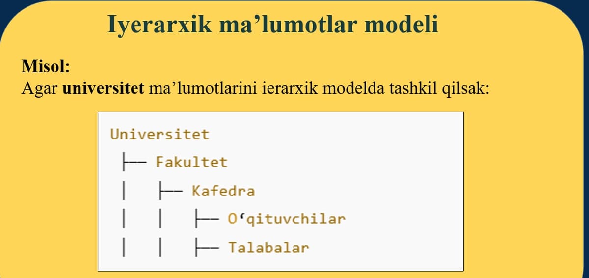 Ma’lumotlar bazasi modellari va mohiyat-aloqa modeli.