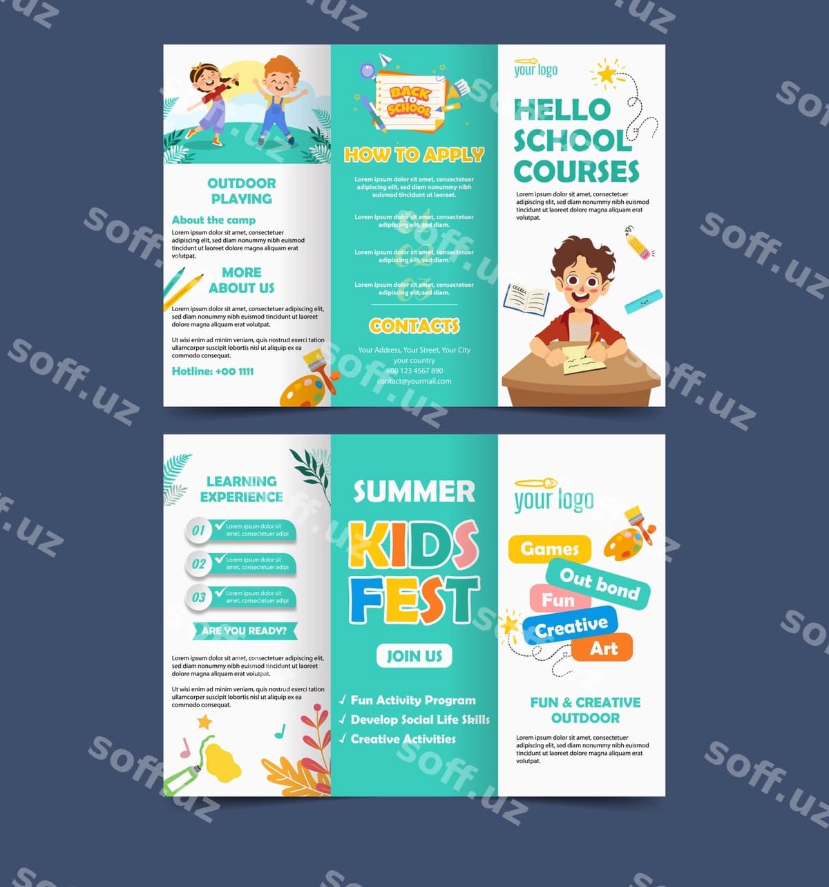 Bolalar maktabi uch qirra broshyur shabloni | Kids school trifold brochure template