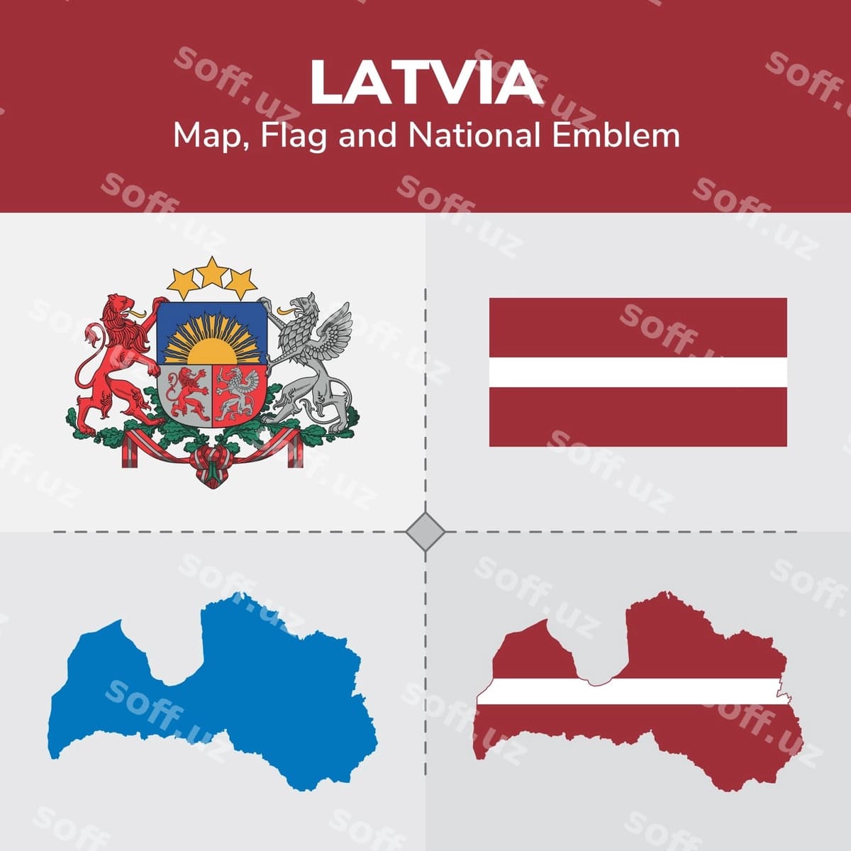 Latviya xaritasi, bayroq, milliy gerb | Latvia map flag national emblem