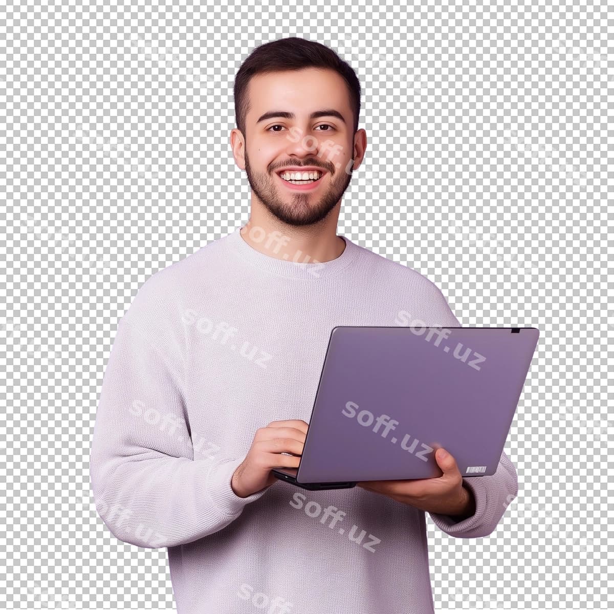 Erkak noutbukni binafshe rangli qoplash bilan tutgan. | Man holding laptop with purple cover it