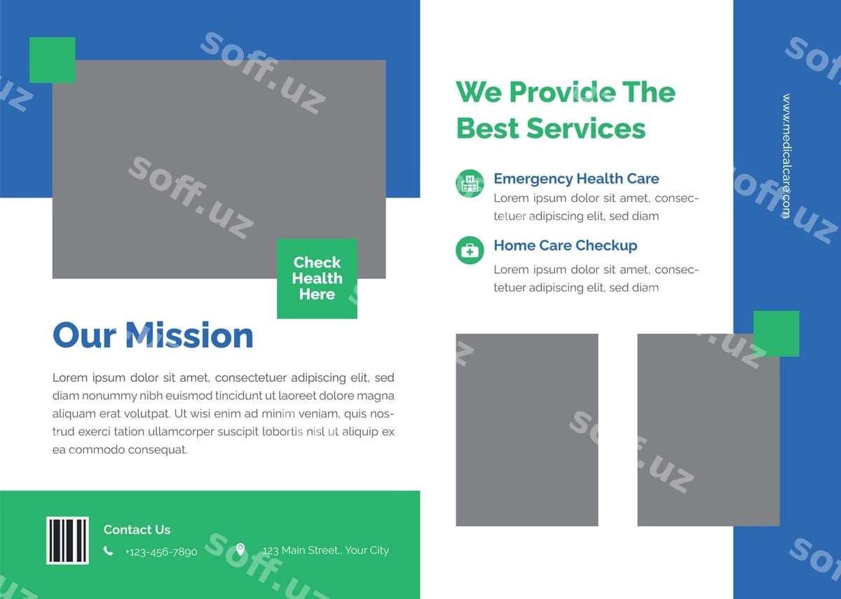 Tibbiy soxta ikki panellik broshyur | Medical care bifold brochure