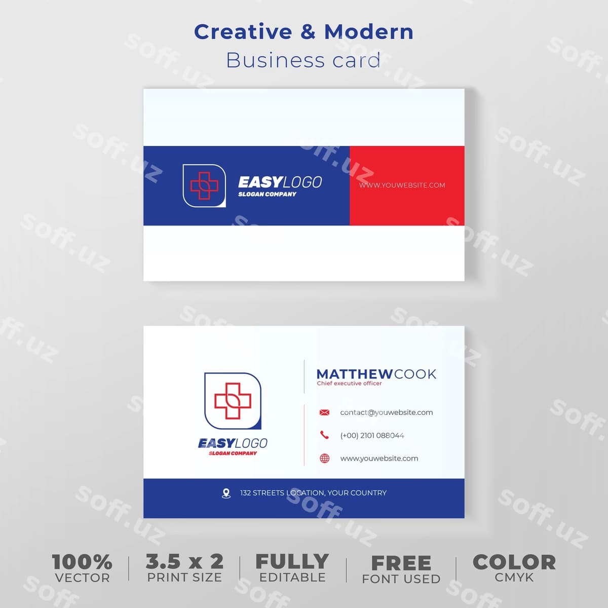 Zamonaviy biznes kartochka ko'k qizil | Modern business card blue red