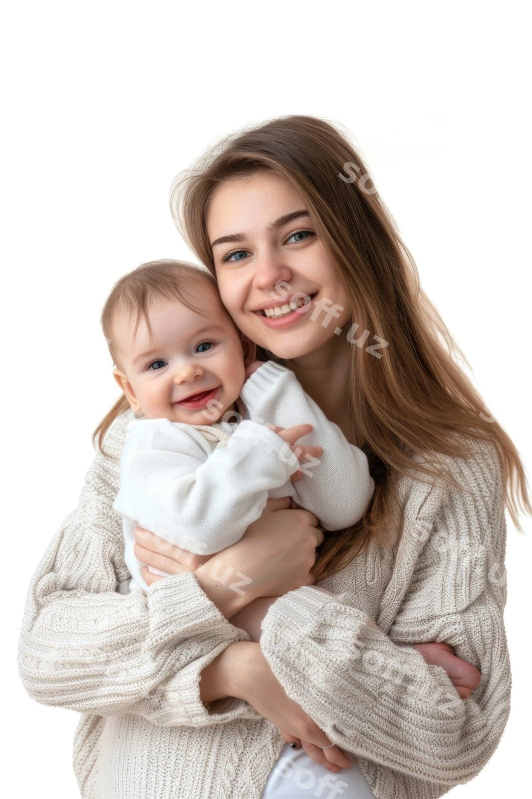 Ona, uning yangi tug'ilgan bolasi, oq orqa fonda. | Mother her newborn baby white background