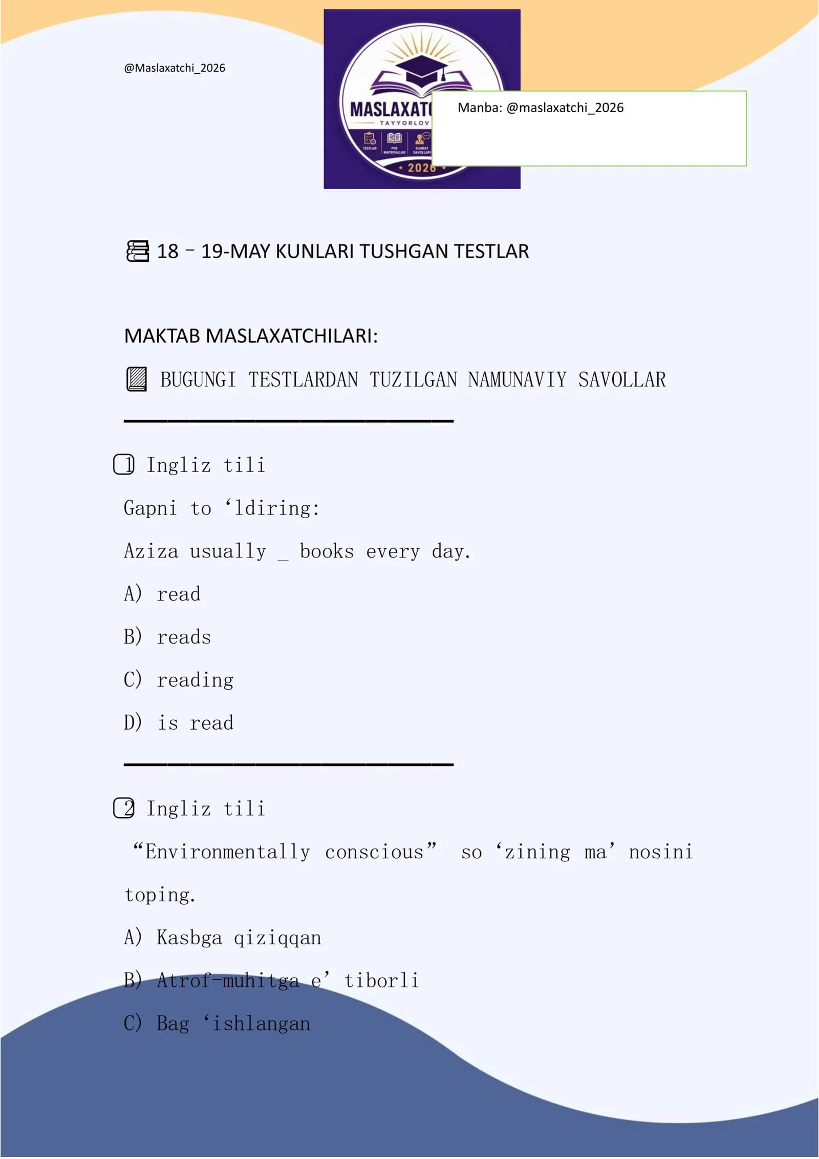 TUSHGAN TESTLAR Maktab maslahatchisi 2026 yil
