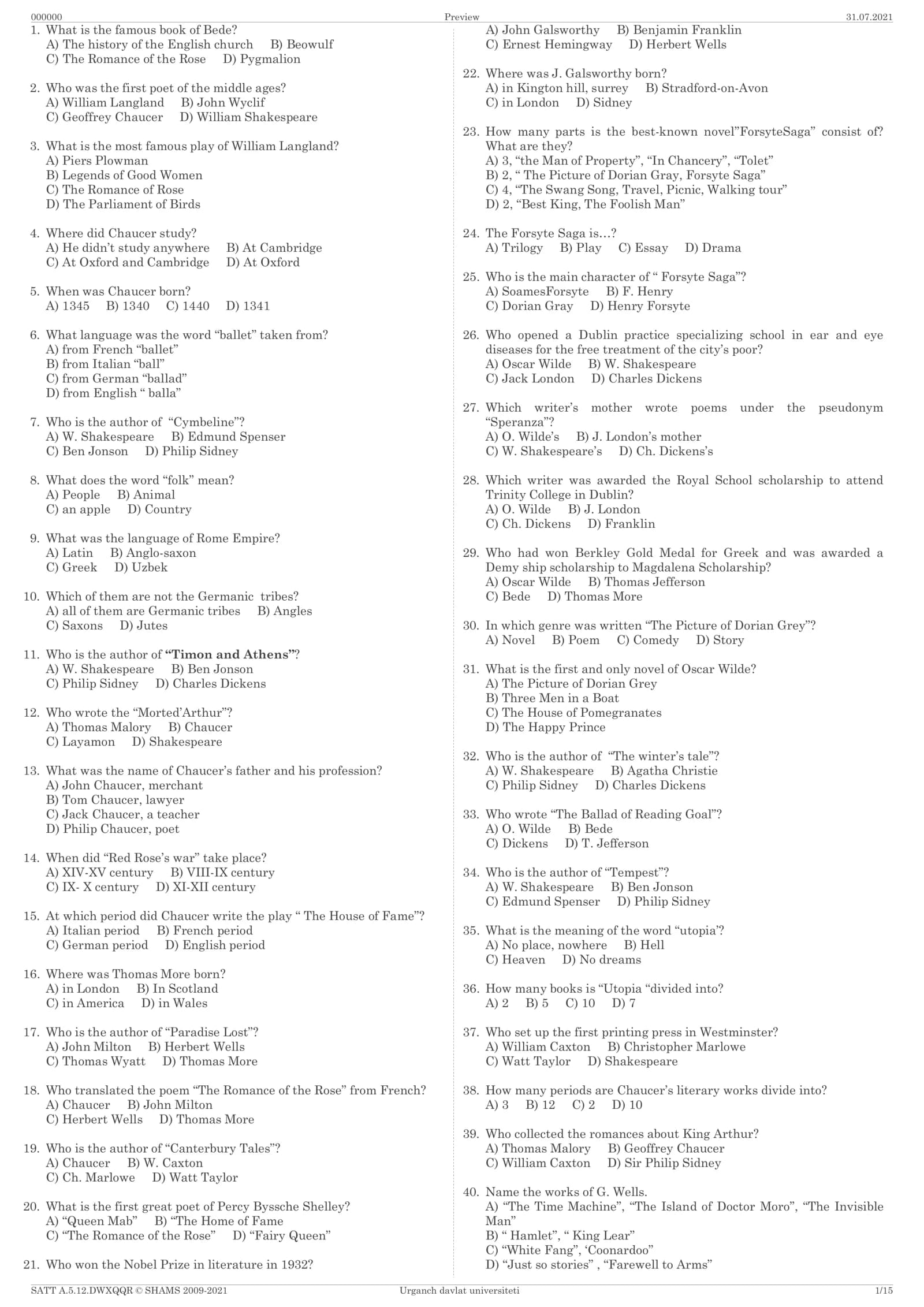 Famous literature questions