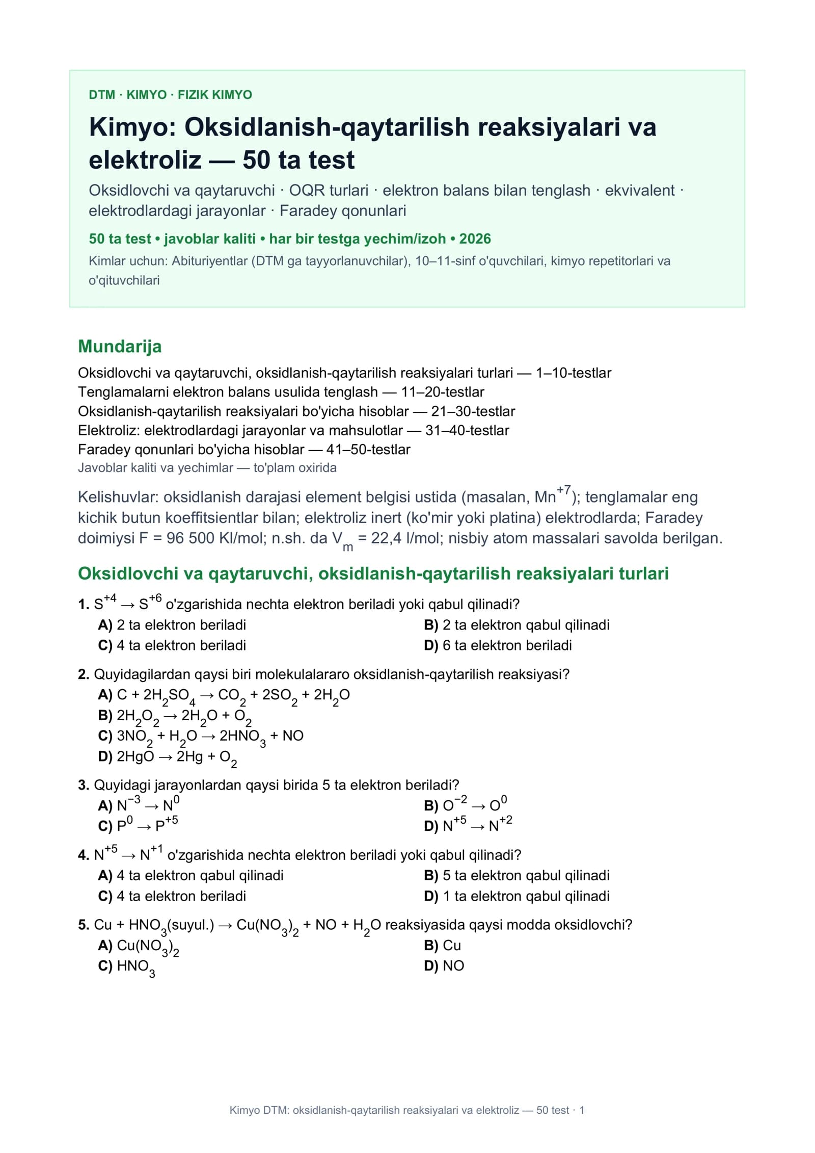 Kimyo DTM: oksidlanish-qaytarilish reaksiyalari va elektroliz