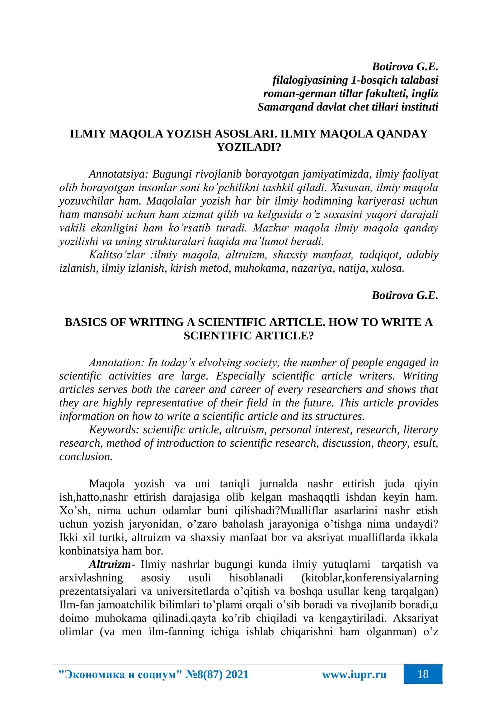 BASICS OF WRITING A SCIENTIFIC ARTICLE