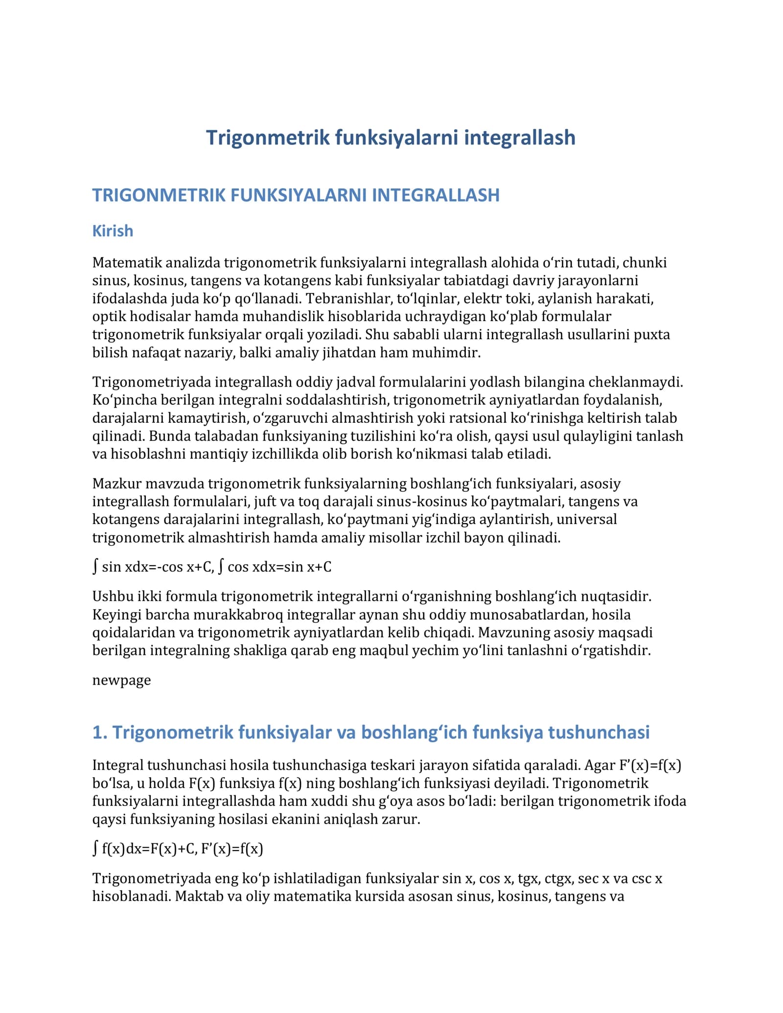 TRIGONOMETRIK FUNKSIYALARNI INTEGRALLASH