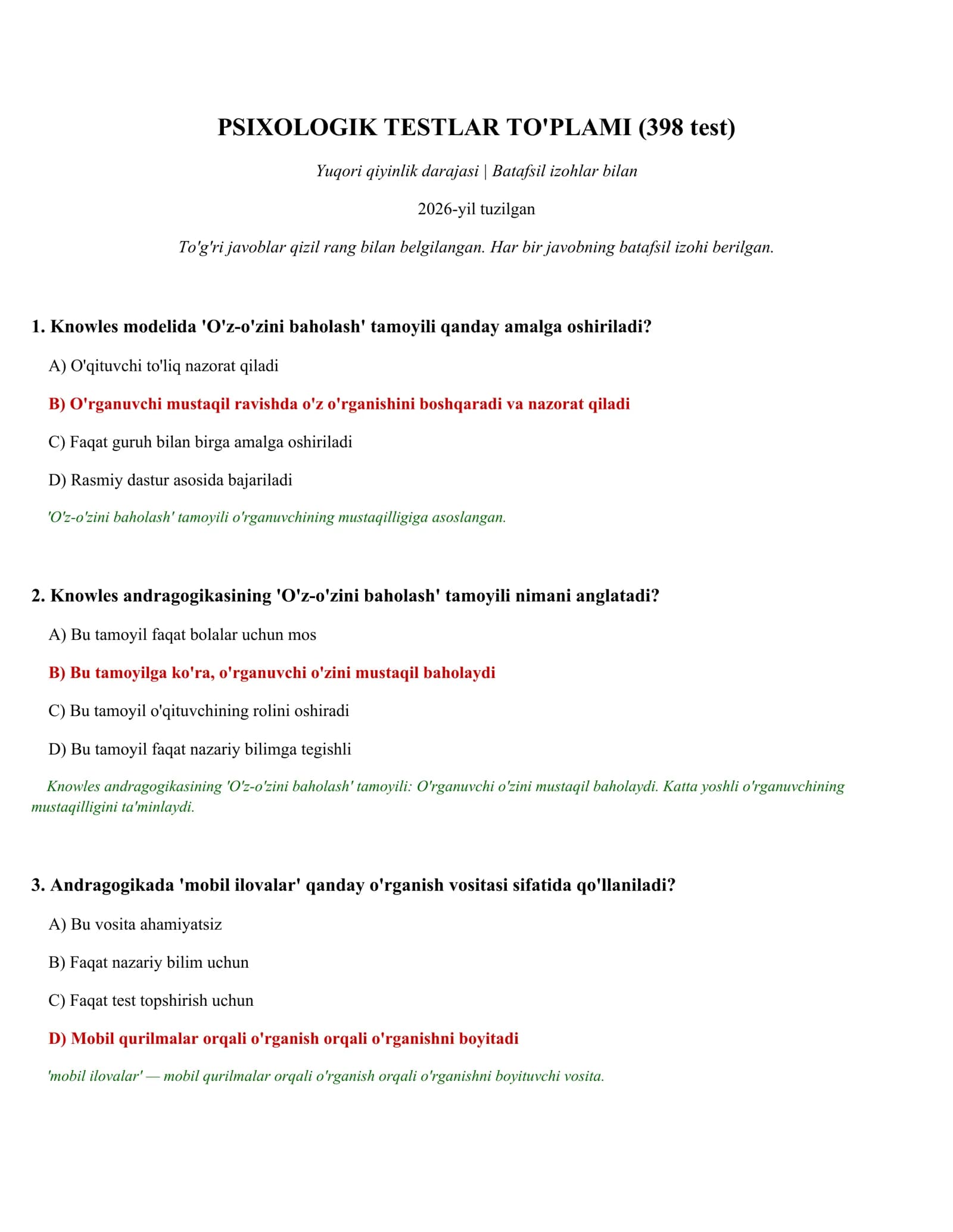 PSIXOLOGIK TESTLAR TO'PLAMI (398 test)